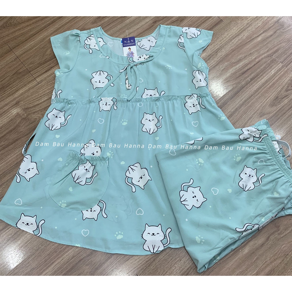 [HANNA] Đồ bộ bầu free size 40-70kg quần lửng mặc ở nhà vải lụa mango cao cấp thoáng mát không nhăn có thun điều chỉnh