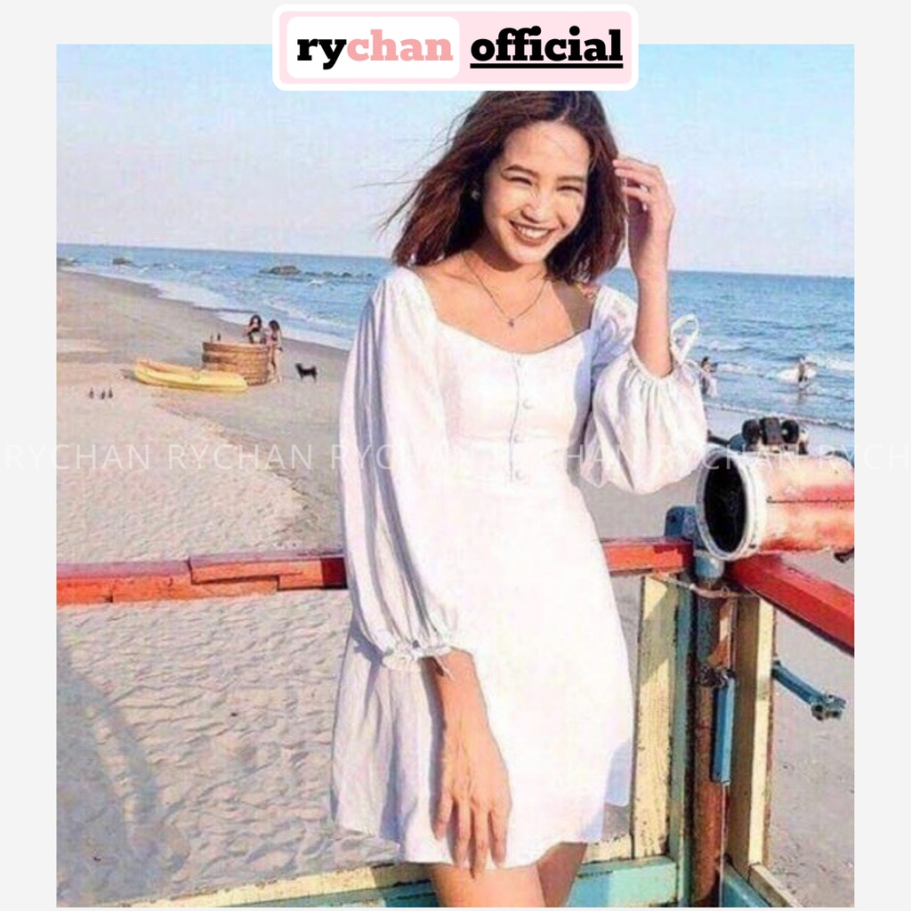 DX014 - Đầm Xòe Trắng Tay Phồng Cổ Vuông Đầm Đi Biển Dã Ngoại Công Sở