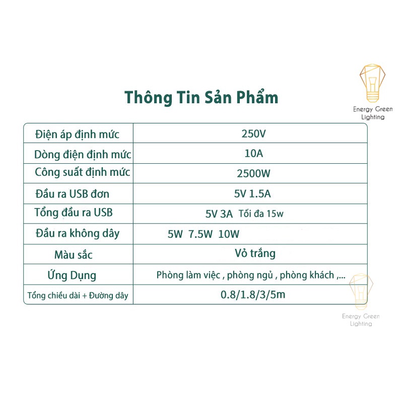 Ổ Cắm Điện Energy Green Lighting Kèm Sạc Không Dây Đa Năng 2 Tầng 3m , 3 Tầng 3m - Bảo Hành 12 Tháng