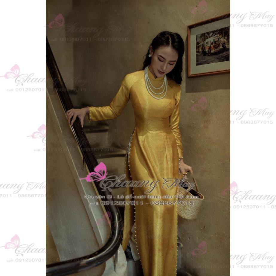 Áo dài lụa tơ vân gỗ có đính hạt màu cực sang | BigBuy360 - bigbuy360.vn