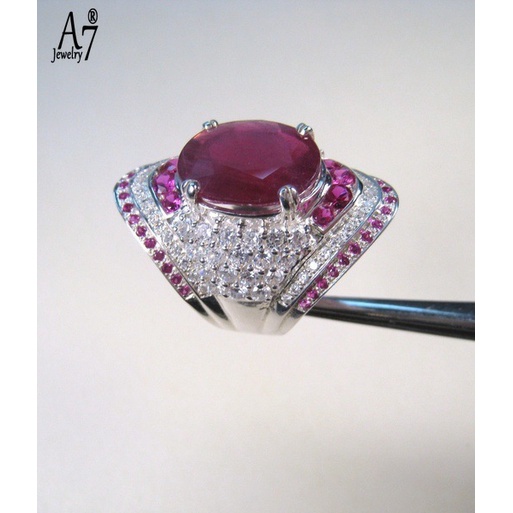 Nhẫn mạ bạc 925 đính đá hồng ngọc và kim cương nhân tạo toàn diện