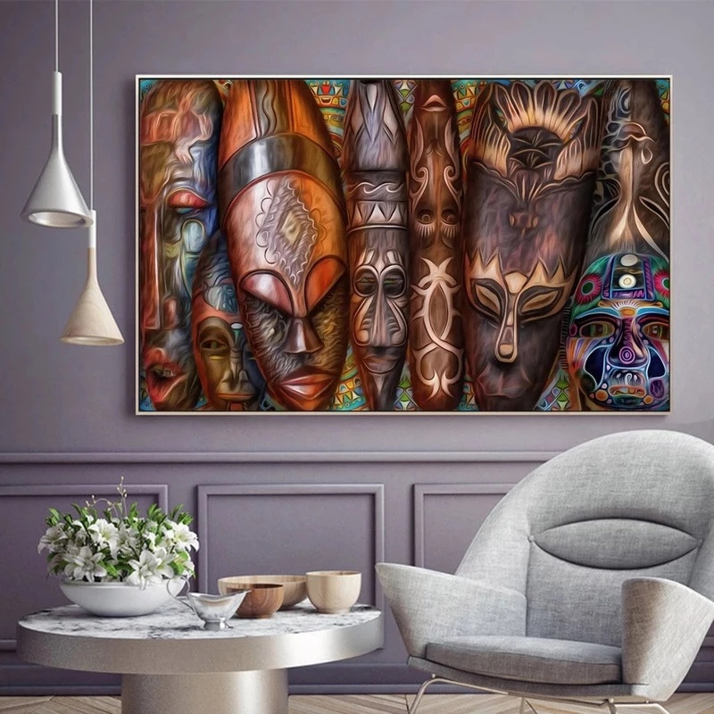 Tranh Vải Bạt Treo Tường In Hình Mặt Nạ Bộ Lạc Châu Phi Không Khung Trang Trí Nhà Cửa