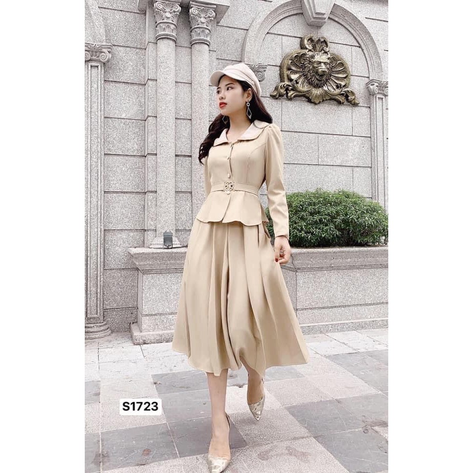 Sét đầm thiết kế chất Teck Korea cao cấp chân váy phối áo tay dài kèm đai áo S1723_Linh Đan Shop [Kèm ảnh thật]