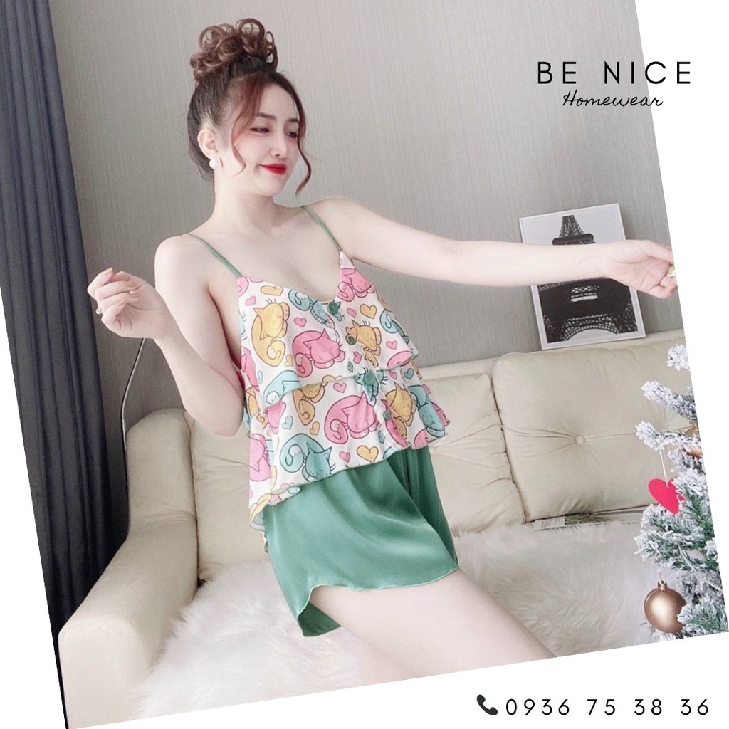 Bộ lụa dây ngắn phối màu và họa tiết xinh xắn cho nàng nhà Be Nice Homewear | BigBuy360 - bigbuy360.vn