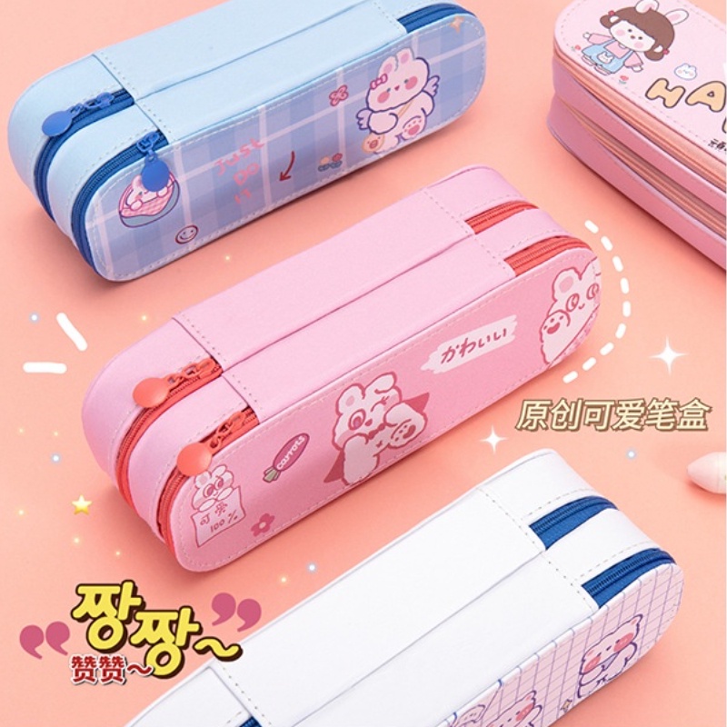 Túi Đựng Bút Hai Ngăn Sức Chứa Lớn Màu Hồng Dễ Thương Sáng Tạo Dành Cho Nữ Sinh