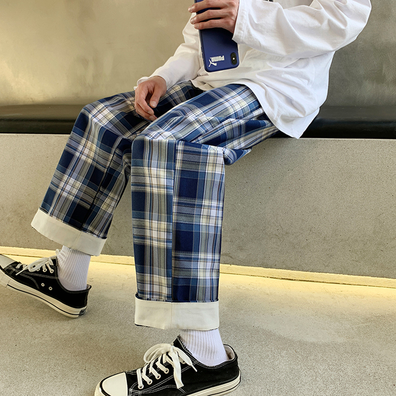 Men's Straight Leg Pants Korean Retro Plaid Casual Pants Fashion All-match Loose Sports Pants For Man and Women