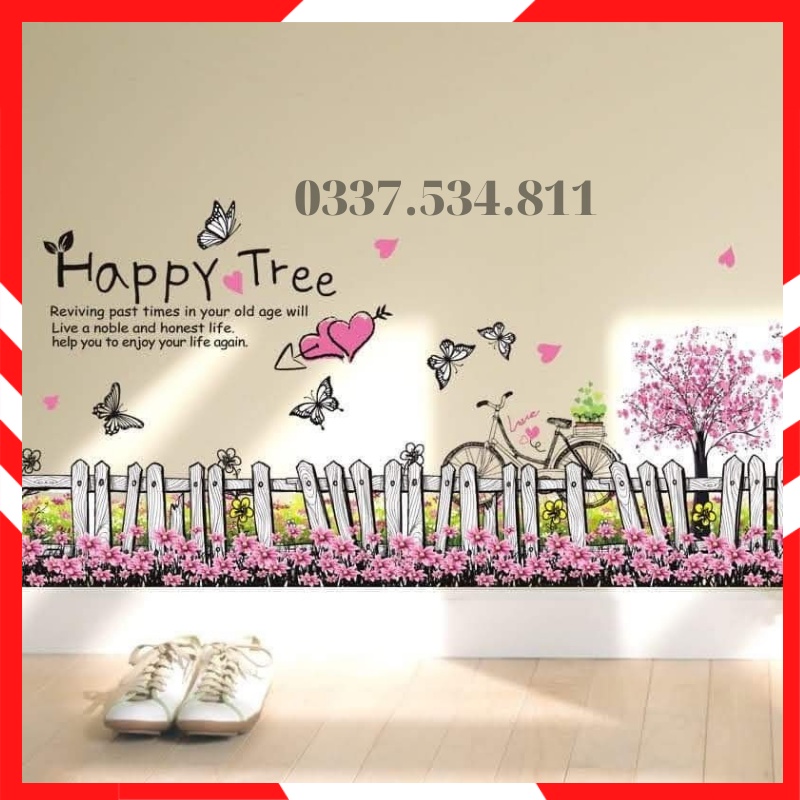 Decal dán chân tường, tranh decal dán chân tường trang trí phòng, lớp học cho bé hàng rào hoa bướm TE81