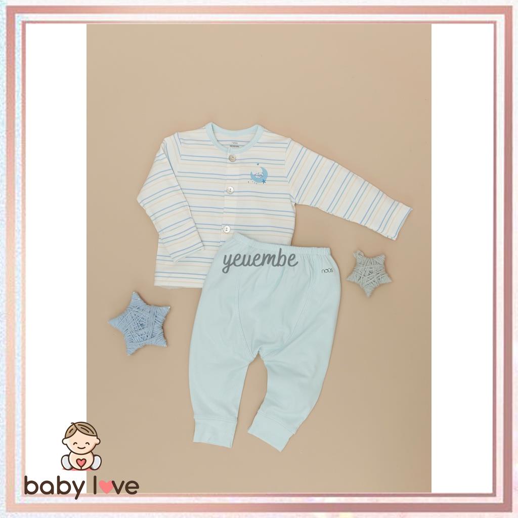 Bộ Đồ Ngủ, Bộ Ngủ Dài Tay Cho Bé Cài Thẳng Dài Tay Kẻ Trắng Xanh Chất Vải Nu Petit Newborn
