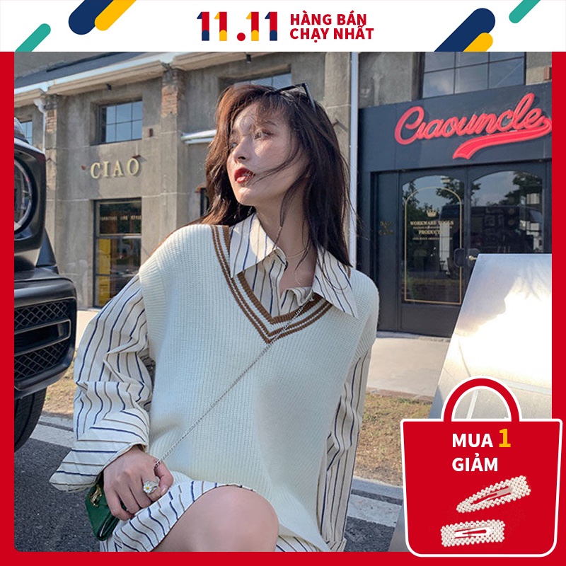 Áo Len Không Dệt Kim Không Tay Cổ Chữ V Phong Cách Hàn Quốc Dành Cho Nữ