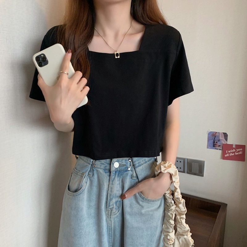 Áo Thun Tay Ngắn Cổ Vuông Vải Mỏng Thời Trang Mùa Hè