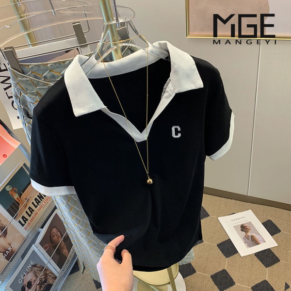 Áo Thun polo Cotton Tay Ngắn Thêu Chữ C Phong Cách Hàn Quốc Cho Nữ
