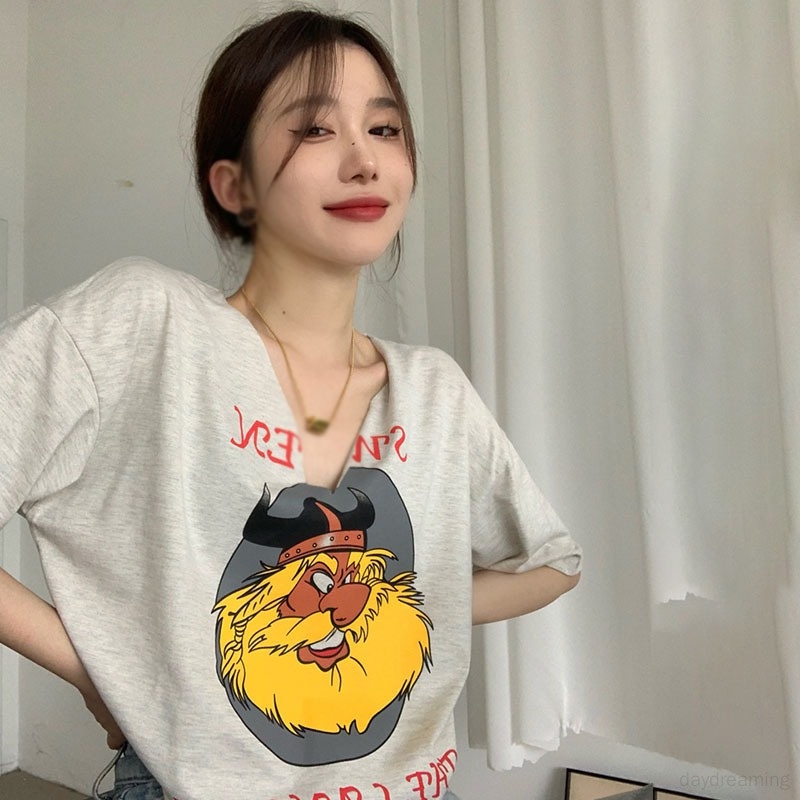 Áo Thun Croptop Tay Ngắn Cổ Chữ V In Họa Tiết Hoạt Hình Phong Cách Retro Hàn Quốc Cho Nữ