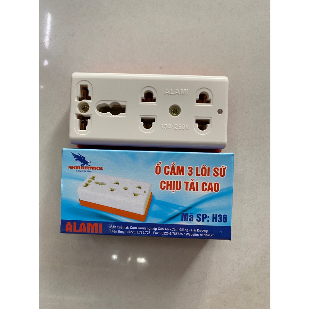 Ổ cắm điện, ổ 3 lõi sứ chịu tải cao ALAMI 6500W 15A-250V, ổ cắm phích 3 chấu, chống cháy, chống vỡ