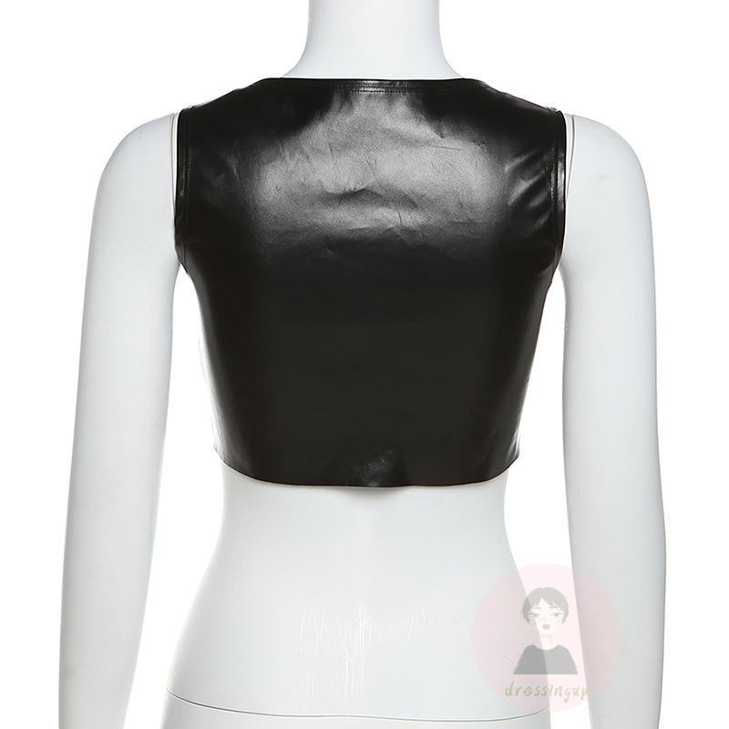 Áo Tank Top Da PU Không Tay Cổ Chữ V Khóa Kim Loại Màu Đen Cho Nữ