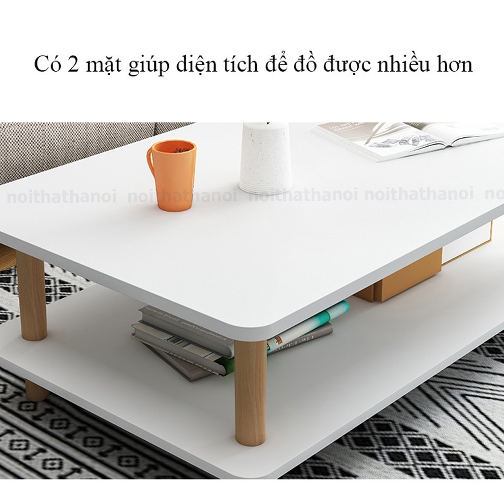 Bàn 2 tầng làm bàn trà, bàn sofa phong cách Bắc Âu, chân gỗ tự nhiên