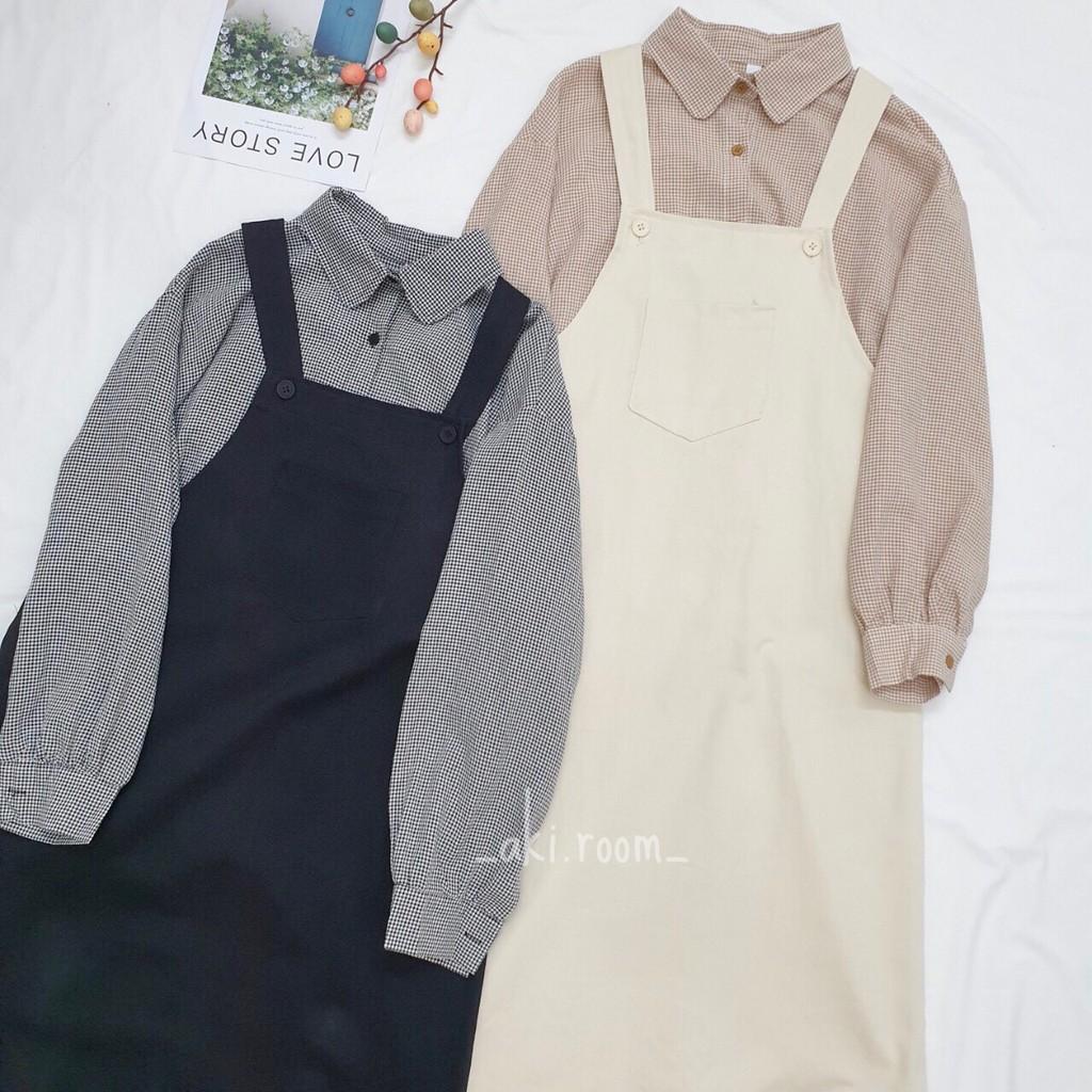 Set váy yếm thô dài áo sơ mi kẻ