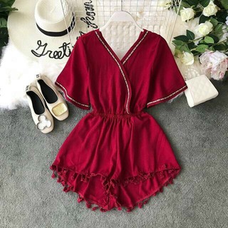 Jumpsuit ngắn jum đùi cổ chéo tay ngắn ống rộng kiểu hở lưng cột nơ