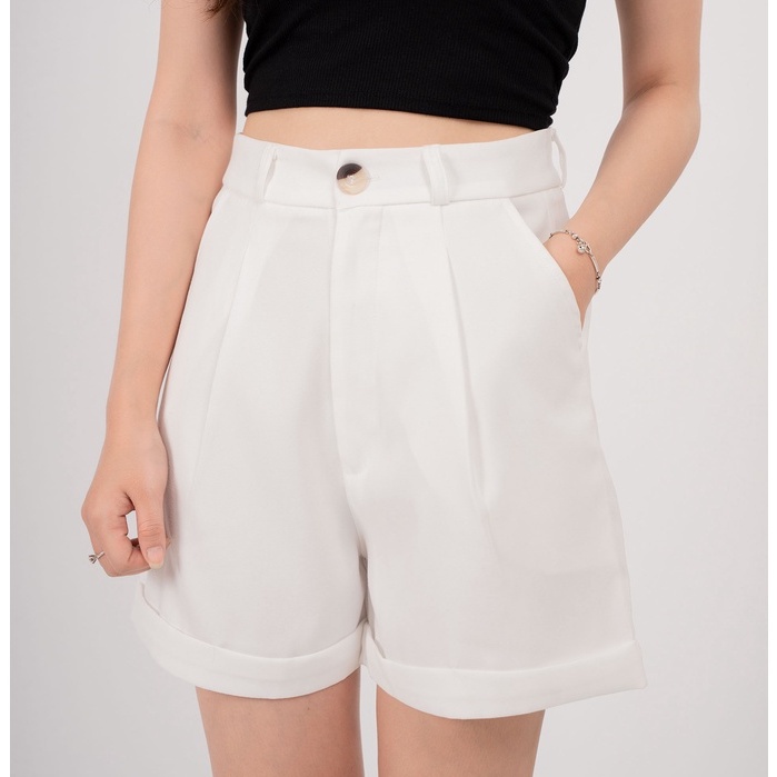 Quần đùi trắng nữ gập gấu cạp cao vải kaki tôn dáng Miss girl M610