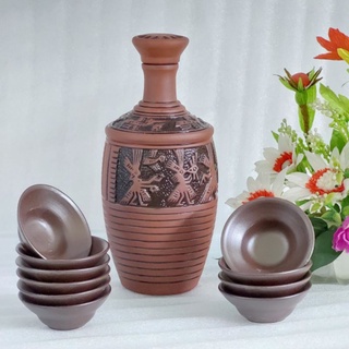 Bộ chai sành đựng ruou Bát Tràng hoa văn Trống Đồng 1L