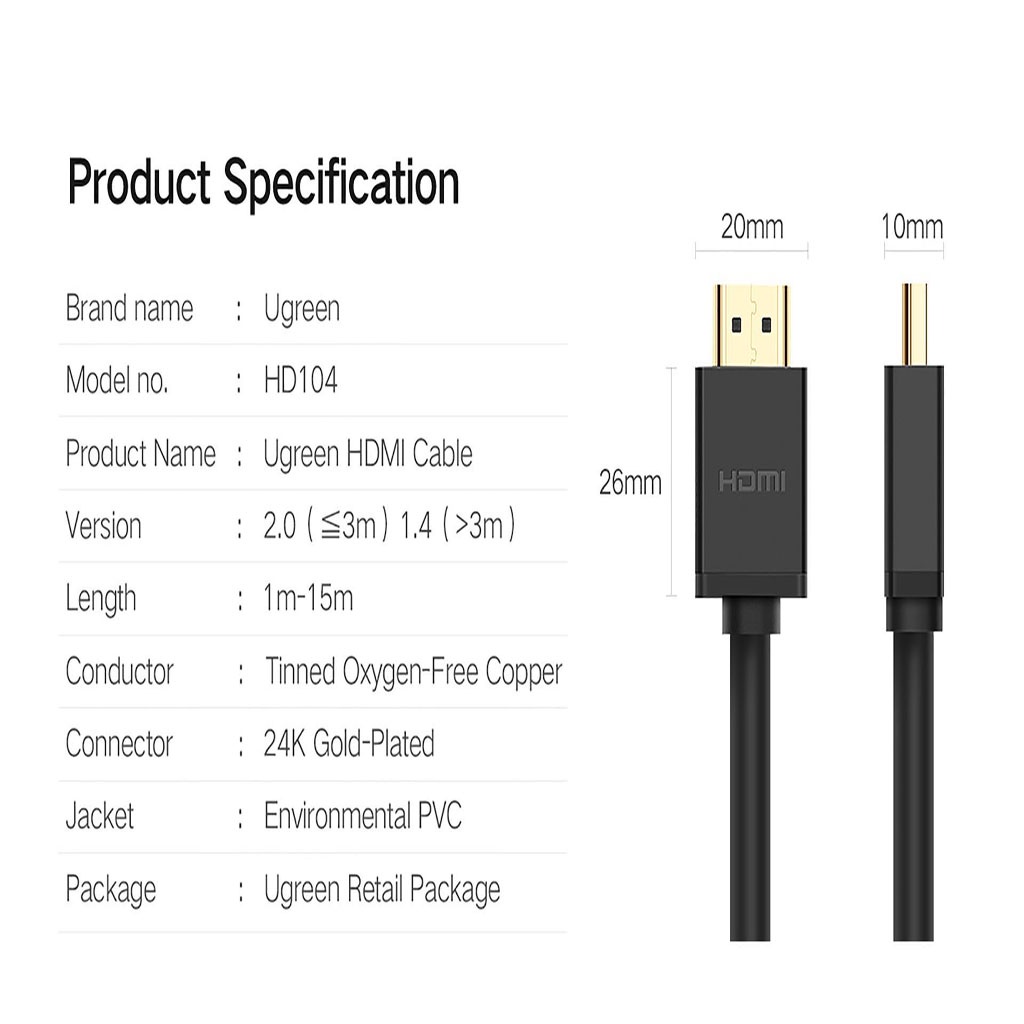 Dây HDMI 2.0 UGREEN HD104 cao cấp hỗ trợ Ethernet 4k Dài 1M - 10M - Hàng Chính Hãng