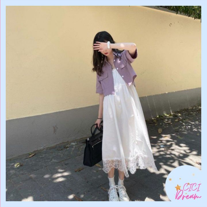 Đầm - váy hai dây trắng dài xòe phối ren tiểu thư babydoll , Đầm - váy 2 dây trắng phối ren hoa dài dáng xòe babydoll