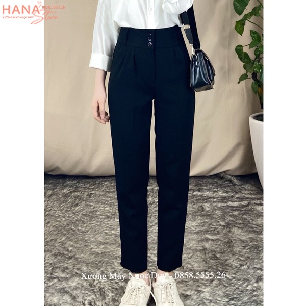 Quần tây nữ lưng cao đi học cạp bản to có đai đáy cao màu Đen dáng quần vải baggy học sinh cạp cao đi học công sở xinh