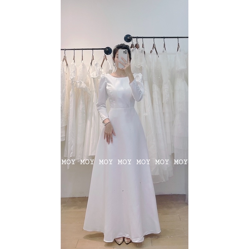 Váy dài phi cổ thuyền tay dài nút lưng V nút - Váy cưới nhẹ nhàng