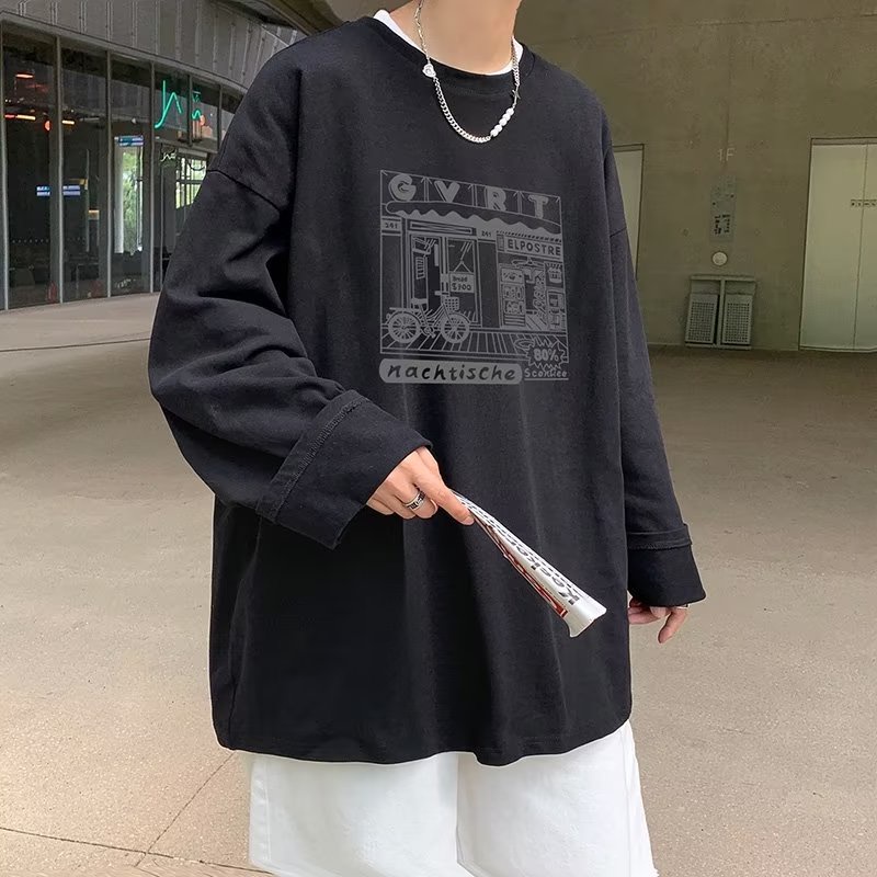 Áo Thun Dài Tay Cổ Tròn In Họa Tiết Đơn Giản Theo Phong Cách Hàn Quốc