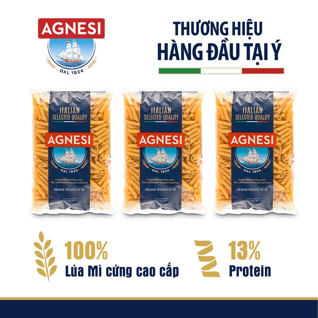 Combo 3 gói nui Agnesi 1kg, penne rigate dùng lúa mì durum cao cấp