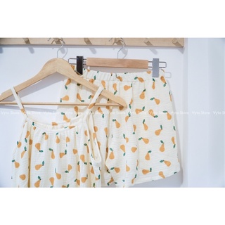 Đồ bộ ngủ nữ mặc nhà vải xô muslin - Mẫu dây cổ yếm