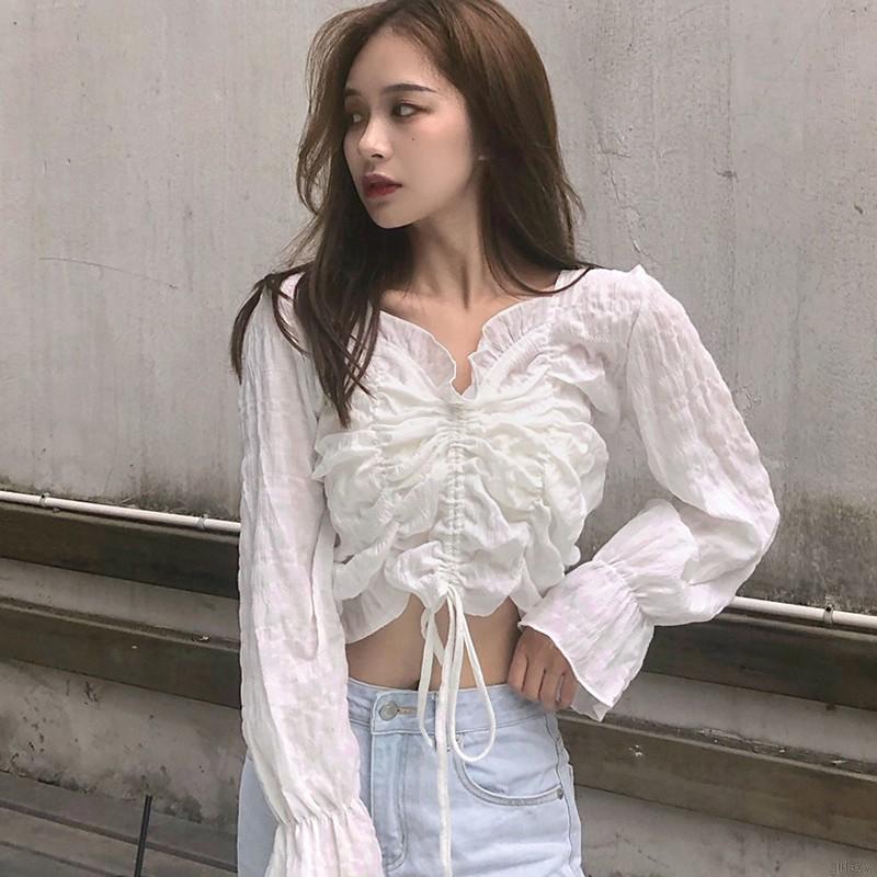 Áo Croptop Tay Dài Cổ Chữ V Màu Trơn Phong Cách Hàn Quốc