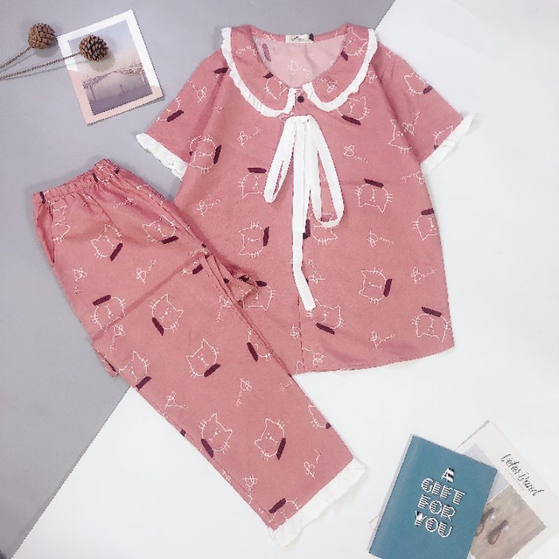 Bộ mặc nhà Cộc Dài kate thái phối ren xinh xắn Bộ ngủ pijama