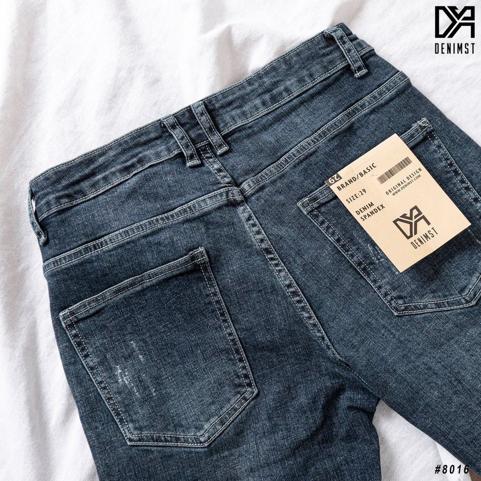 Quần jean nam xanh đậm rách gối carrot fit DENIMST, quần bò nam ống côn 8016 | BigBuy360 - bigbuy360.vn