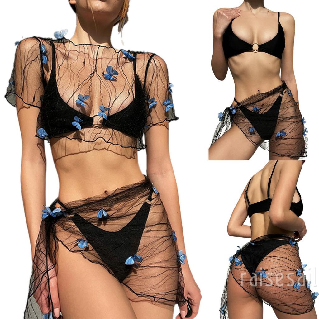 Rs-Phụ Nữ Bikini Bursuit Lưới Vải Trong Suốt Stereo Bướm Trang Trí Ngắn Tay Áo Crop Top Ren-Up Sarong