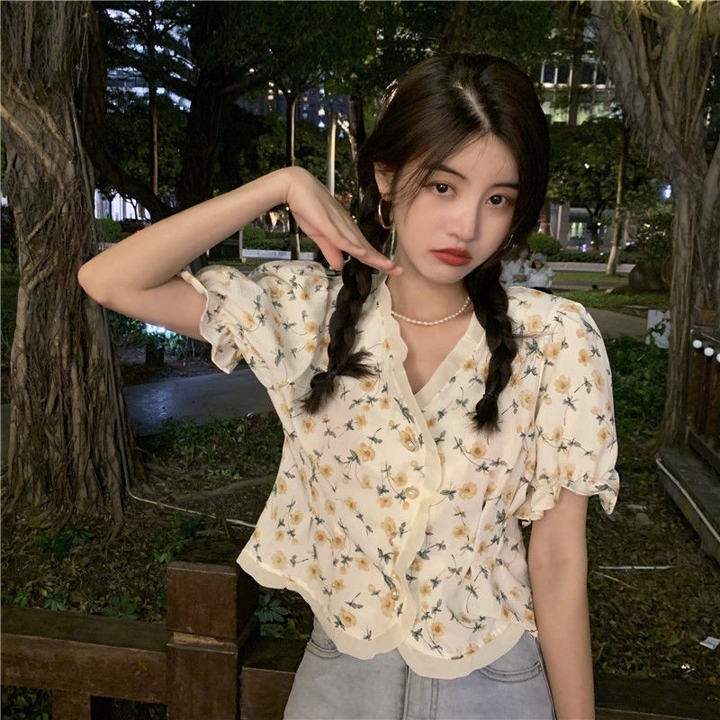 Áo Sơ Mi Tay Ngắn Cổ Chữ V Dáng Rộng In Họa Tiết Hoa Thời Trang Mùa Hè Xinh Xắn Cho Nữ