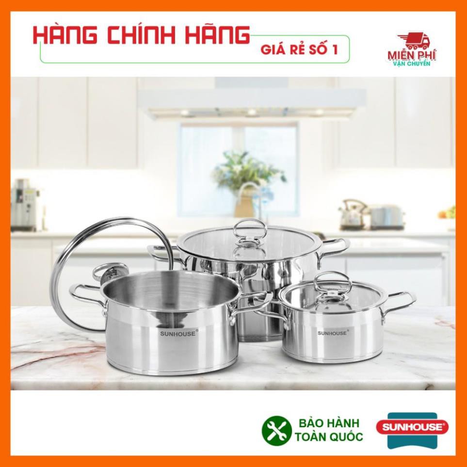 Bộ nồi Sunhouse Mama SH784, Bộ nồi inox Sunhouse SH784, đáy dùng cho bếp từ, 3 nồi kích thước: 16cm, 20cm, 24cm.