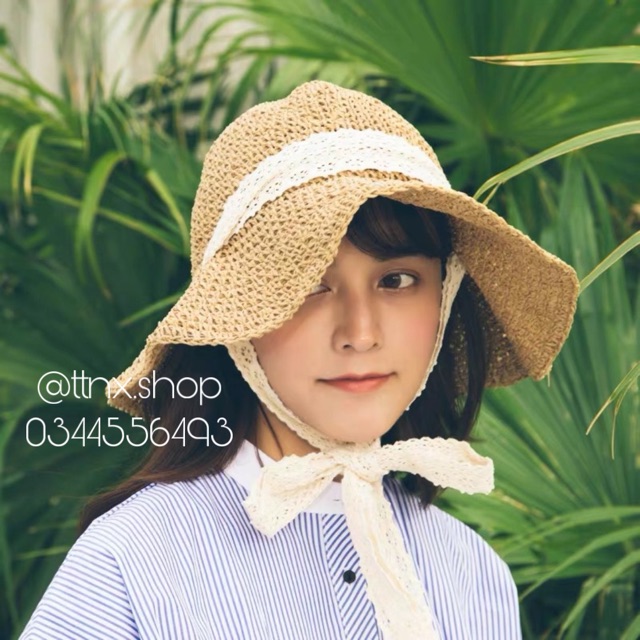 Mũ cói vành mềm buộc nơ ren