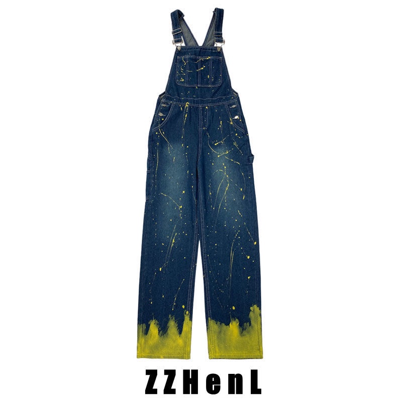 High street European and American style vibe style splash-ink denim suspender pants Women's American style retro large size plump girls loose straight wide leg pants 3HOV