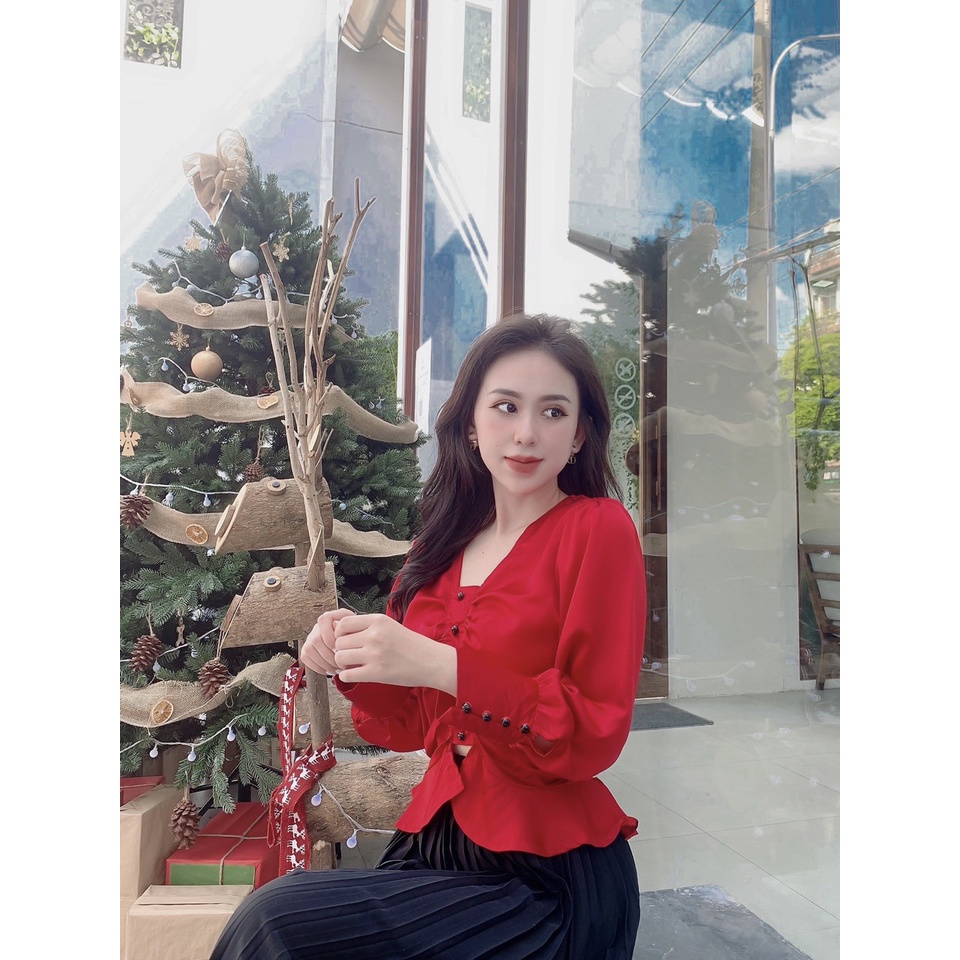 Áo peplum nữ, áo nữ kiểu tay dài cổ v nhíu ngực cực kỳ cá tính phối cúc xòe nhẹ cực xinh hàng cao cấp Diểm Shop | BigBuy360 - bigbuy360.vn