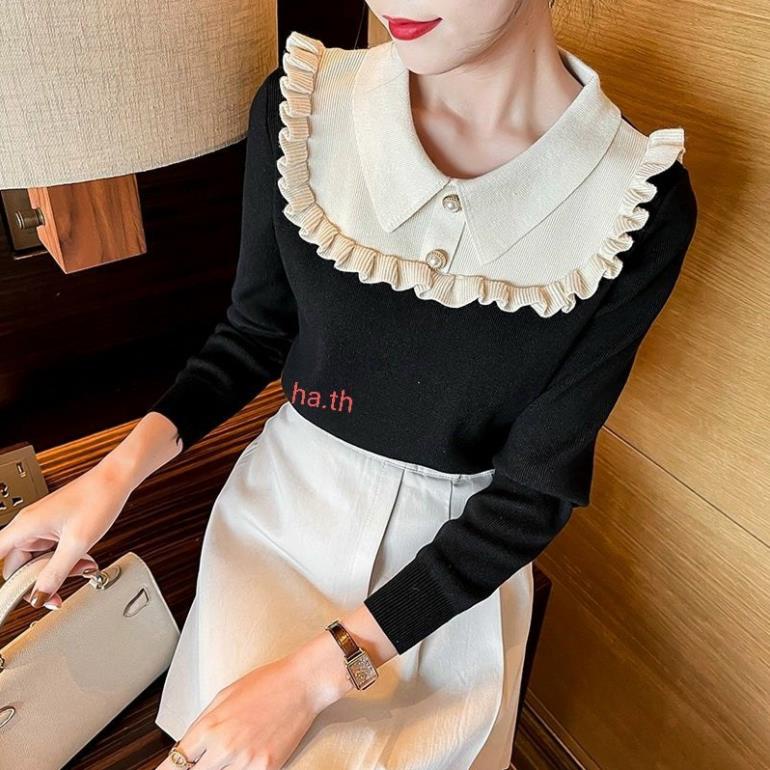 Áo Len Kiểu Nữ Tay Dài , Áo Dệt Kim Cổ Viền Bèo Mềm Form Dáng Xinh Xắn Phối Cổ Trắng, Hàng Quảng Châu Cao Cấp TAMI