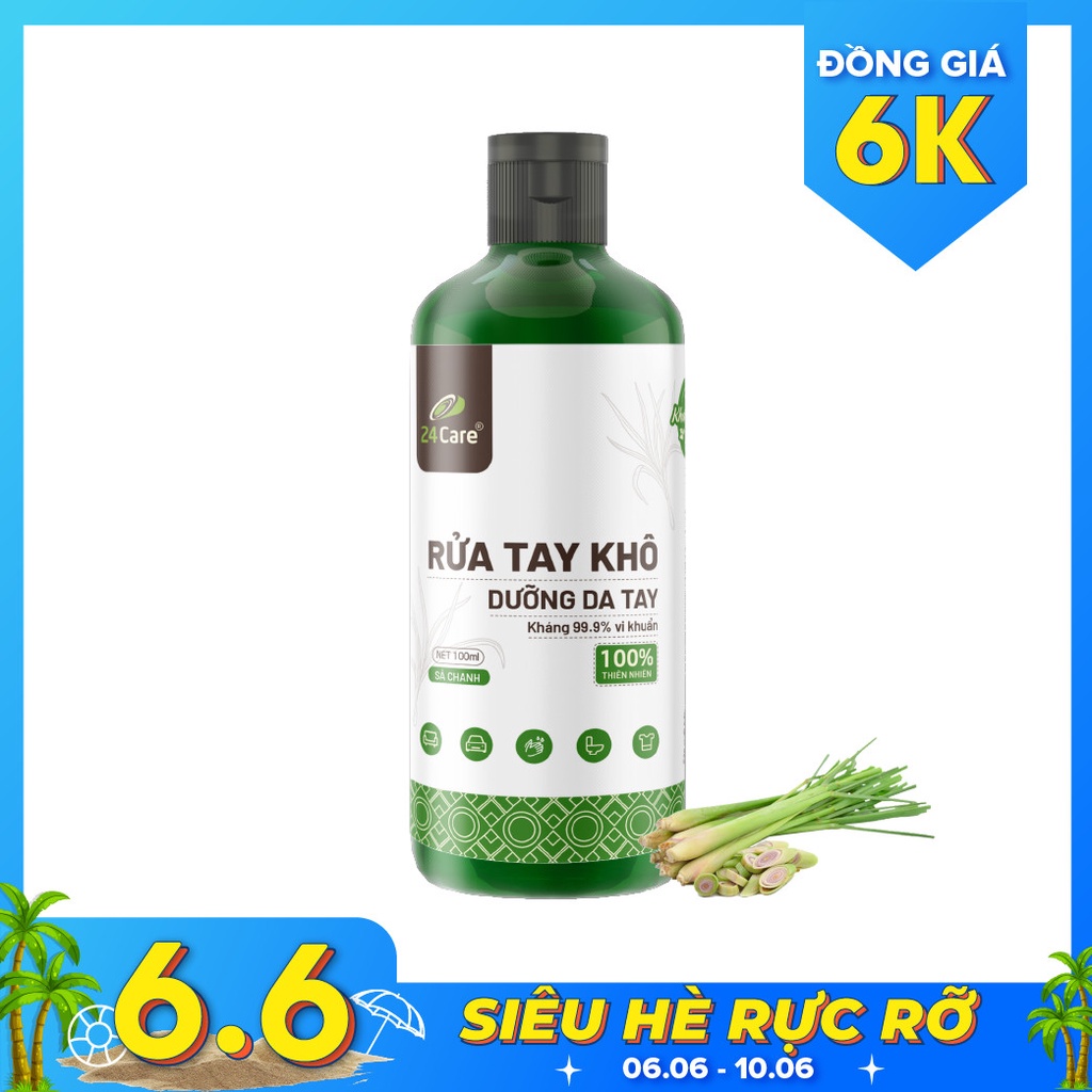 Nước rửa tay khô tinh dầu Sả Chanh 24Care nguồn gốc thiên nhiên 100ML- diệt khuẩn 99,9%