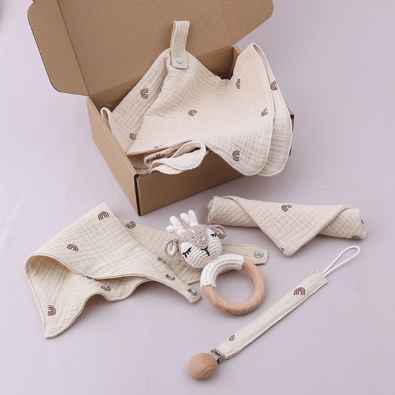 Set 5 Khăn Dệt Kim Lục Giác Hình Hươu Cho Bé Sơ Sinh Mọc Răng