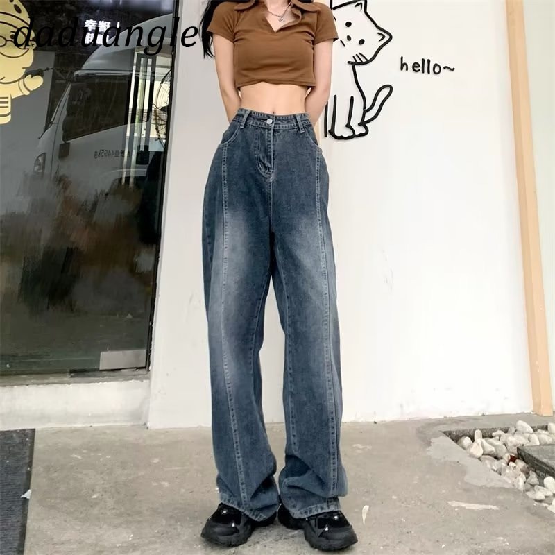 Daduhey Quần jean ống rộng lưng cao có size ngoại cỡ phong cách Mỹ thời trang cho nữ