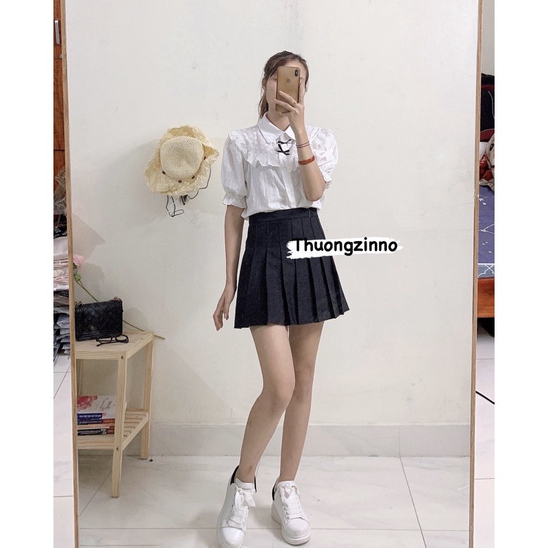 [Ảnh thật/Video]Áo sơ mi trắng JanJi Cổ nơ đen, bo tay áo sơ mi nữ tiểu thư