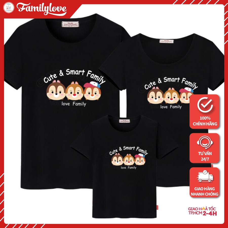Áo gia đình Familylove - Mẫu Đồng phục gia đình Họa Tiết Sóc Chuột Cute &amp;Smart Family chất liệu cotton 100% co giãn