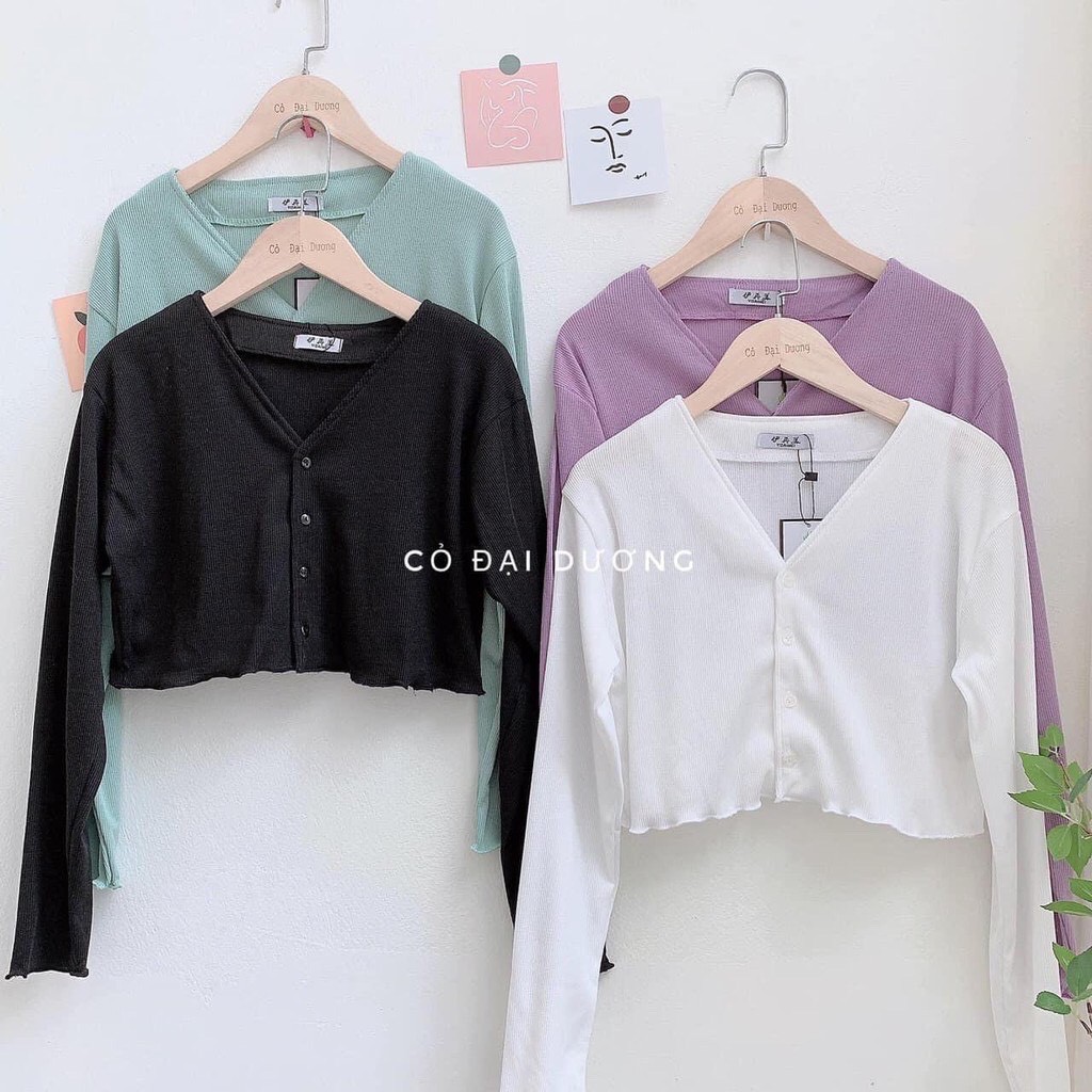 Áo croptop 4 cúc cổ tim - Áo len tăm dài tay cúc dọc siêu xinh - CM Shop