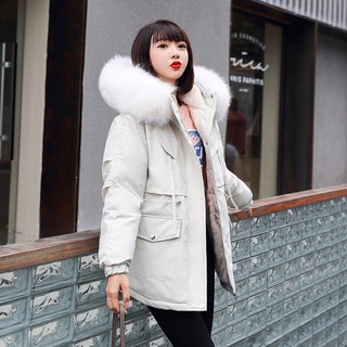 Áo parka lót long khoác dáng rộng cổ lông cừu Hàn Quốc