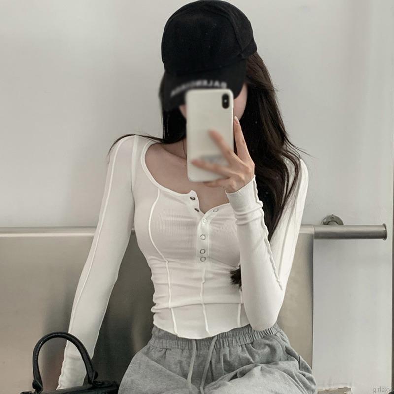 Áo croptop tay dài màu sắc thanh lịch thời trang xinh xắn