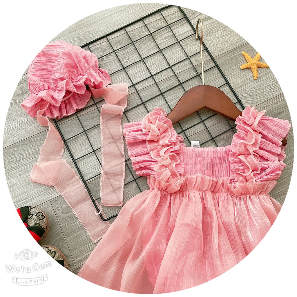 Body Cho Bé Gái  Kiểu Váy Nhún Bèo Kèm Mũ Cho Bé Từ Sơ Sinh Đến 3 Tuổi .