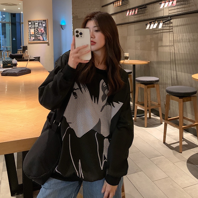 SUXI Áo Sweater Thể Thao Tay Dài Dáng Rộng In Họa Tiết Trẻ Trung Phong Cách Hàn Quốc Hợp Thời Trang Cho Bạn Gái